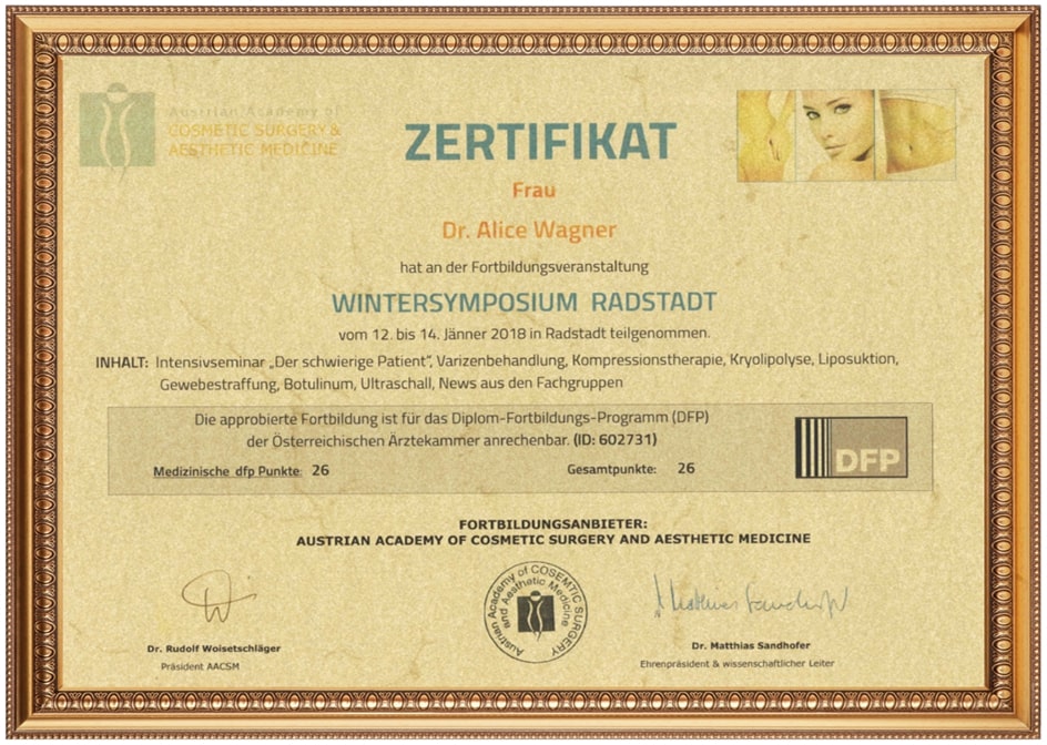 Zertifikat von Dr. Alice Wagner